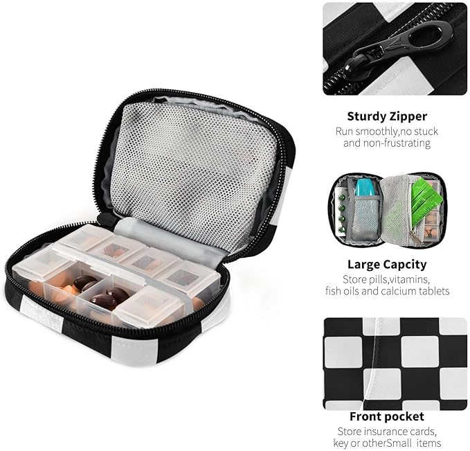 Pill Organizer Box Case Weekly Travel Pill Container Cute Pill Holder 7Day Vitamin Organizer Pill Dispenser Sorter Planner Storage Small Compact Checkerboard White and Black05