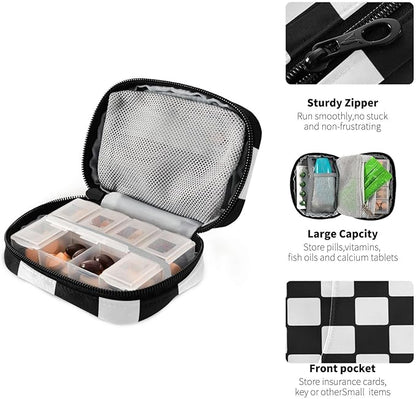 Pill Organizer Box Case Weekly Travel Pill Container Cute Pill Holder 7Day Vitamin Organizer Pill Dispenser Sorter Planner Storage Small Compact Checkerboard White and Black05