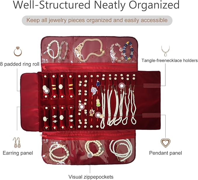Velvet Travel Jewelry Case Roll Bag Organizer for Necklace Bracelet Earrings Ring (Black) (Burgundy)
