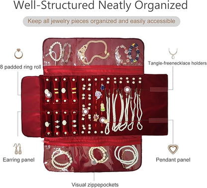 Velvet Travel Jewelry Case Roll Bag Organizer for Necklace Bracelet Earrings Ring (Black) (Burgundy)