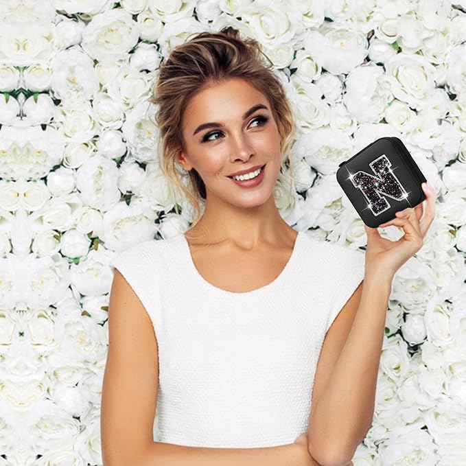 Personalized Jewelry Case for Women Girls - Fashion Mini Jewelry Boxes - Trendy Travel Jewelry Organizer with Initials Letter - Teen Gifts | Black,N