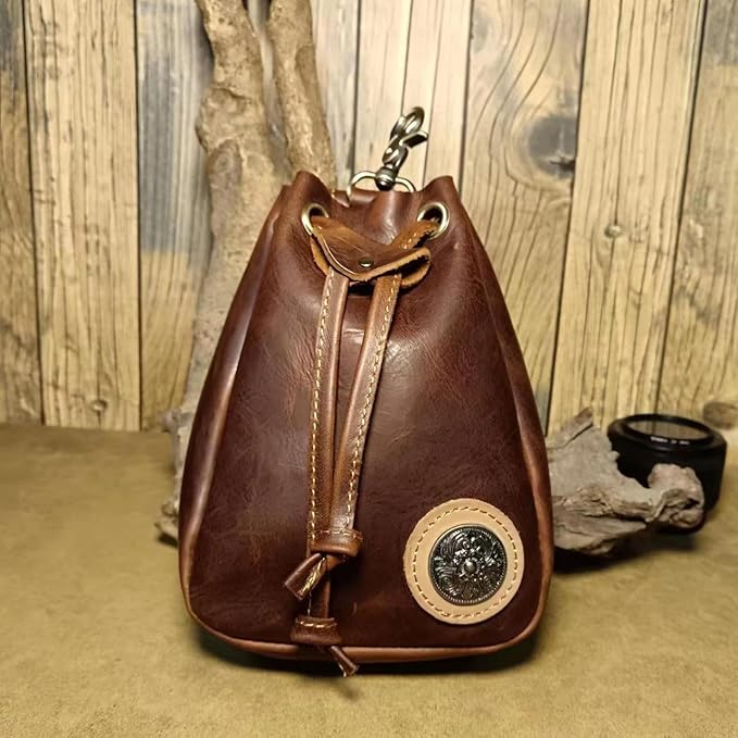 Retro Drawstring Genuine Leather Waist Bag for Men Motorcycle Sports Pack with Phone Pocket Adjustable Belt Gifts for Men (Oil Brown)