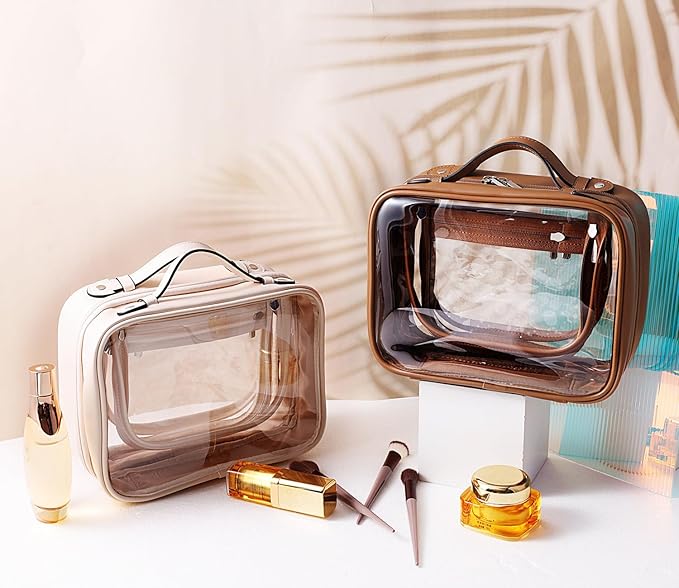 SANHECUN traveling toiletry Case large clear cosmetics case makeup bag Dimensions | LxWxH:10” x 4.5” x 7.5”(Brown, Medium)