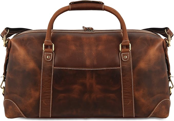 KomalC Leather Duffel Bags for Men and Women - Full Grain Buffalo Leather - Dark Tan