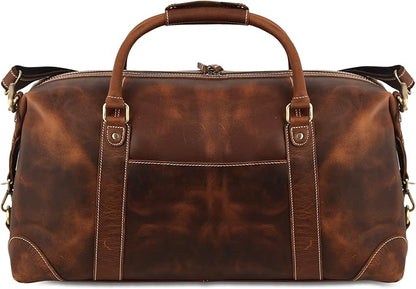 KomalC Leather Duffel Bags for Men and Women - Full Grain Buffalo Leather - Dark Tan