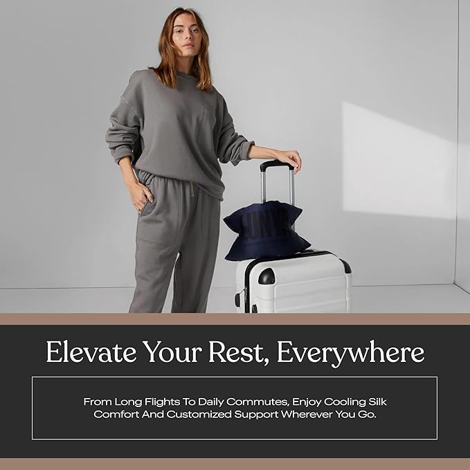 Lunya Washable Silk Travel Pillow – Soft Mulberry Silk Neck Pillow with Zipper Pillow Insert, Adjustable Fill, and Snap Straps – Travel Essential for Plane, Car, or Home - Waning Night - One Size