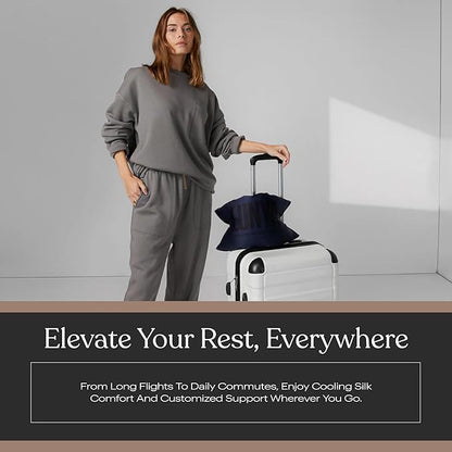 Lunya Washable Silk Travel Pillow – Soft Mulberry Silk Neck Pillow with Zipper Pillow Insert, Adjustable Fill, and Snap Straps – Travel Essential for Plane, Car, or Home - Waning Night - One Size