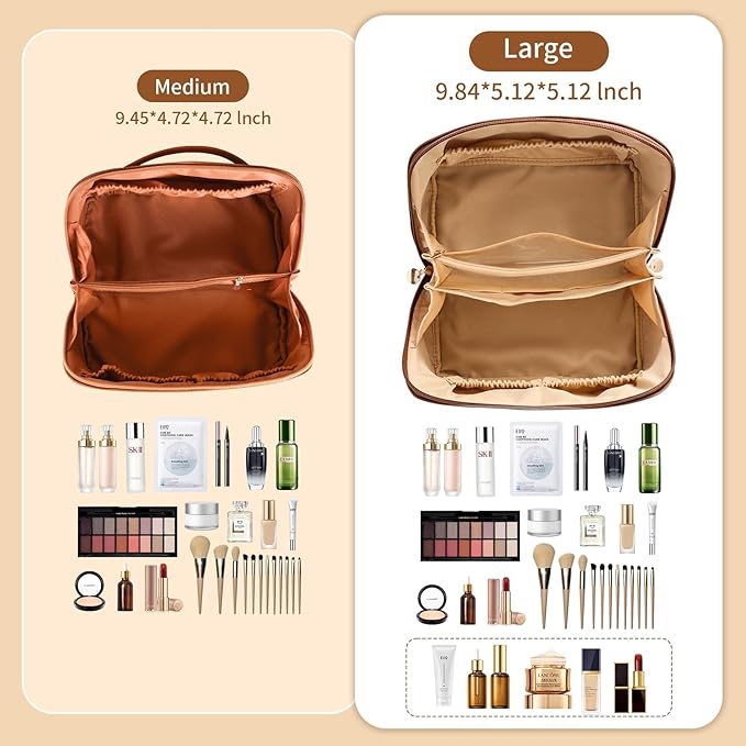 Travel Makeup Bag, Large Capacity Cosmetic Organizer Bags for Women, Waterproof PU Leather Toiletry Bags, Wide Open Flat Makeup Case with Divider and Handle