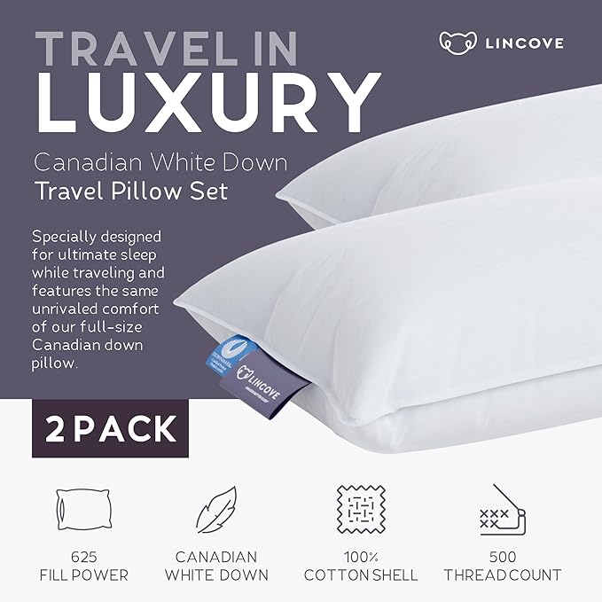 Lincove Canadian Down Feather Travel Pillow Pack of 2 - Luxury Pillows to Support Head, Neck, While Sleeping on Airplanes, Cars, Hotels & Home - Comfortable Vacation Sleeping Essential, 13"x18"