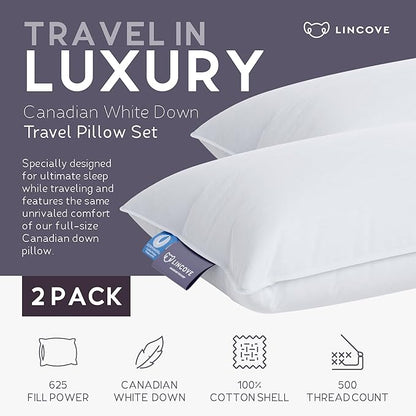 Lincove Canadian Down Feather Travel Pillow Pack of 2 - Luxury Pillows to Support Head, Neck, While Sleeping on Airplanes, Cars, Hotels & Home - Comfortable Vacation Sleeping Essential, 13"x18"