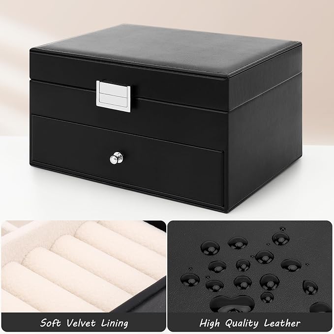 DesignSter Jewelry Organizer Box, 2 Layers Large Jewelry Box with Travel Jewelry Case, Leather Jewelry Storage Case for Rings Earrings Bracelets Necklaces (Black)