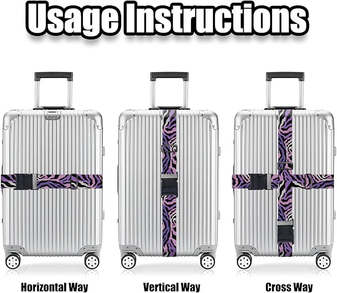 Nuxovilar Luggage Straps of 2 Set Purple Pink Black Zebra Pattern, 1.96x90.5 inches - Luggage Straps for Suitcases, Good for Adventure Trips, Outdoor Travel, Casual Use