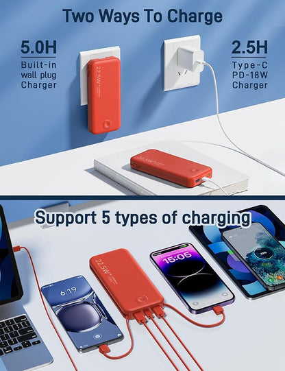 22.5W Super Fast Charging Portable Charger with Wall Plug,12000mAh USB-C Power Bank Built-in 2 Cable, Lightweight Phone Charger Travel Battery Pack for All iPhone, Samsung, Tablets