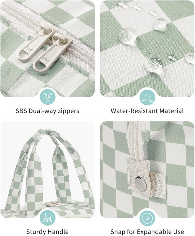 Narwey Travel Toiletry Bag, Wide-open Large Toiletry Bags for Traveling Women, Checkered Travel Bag for Toiletries Cosmetic Makeup Bag Organizer, Skincare Make Up Bag (Mint Green Checkerboard)