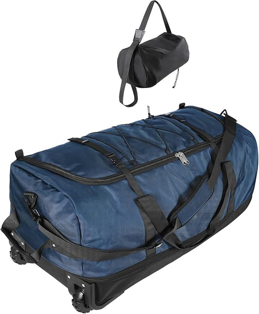 32” 1680D Oxford Foldable Duffle Bag with 2 Wheels,110L to 140L Expandable Soft Sided Rolling Travel Bag,Navy