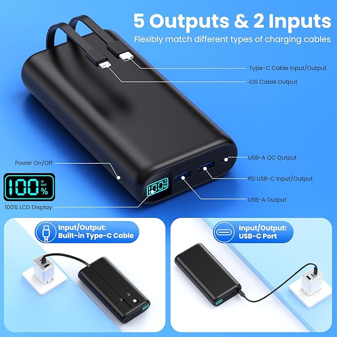 Portable Charger 40,800mAh Power Bank with Built-in Cables,5 USB Output Battery Pack Backup,25W PD USB C Phone Charging Travel Essential Outdoor for iPhone 17/16/15/14 Pro,Android Galaxy Pixel Nexus