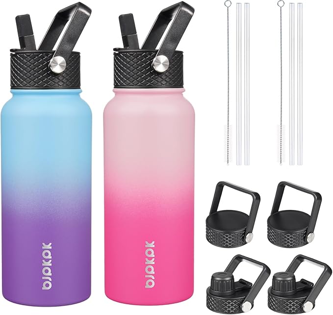 BJPKPK 2 Pack Insulated Water Bottles with Straw Lids, 32oz Stainless Steel Metal Water Bottle with 6 Lids, Leak Proof BPA Free Jugs, Cups, Flasks for Travel, Sports (Cherry+Ocean Dream)