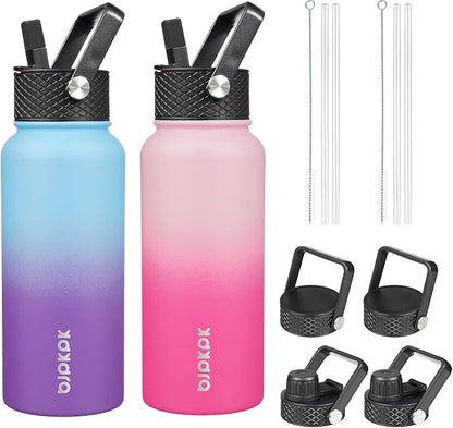 BJPKPK 2 Pack Insulated Water Bottles with Straw Lids, 32oz Stainless Steel Metal Water Bottle with 6 Lids, Leak Proof BPA Free Jugs, Cups, Flasks for Travel, Sports (Cherry+Ocean Dream)