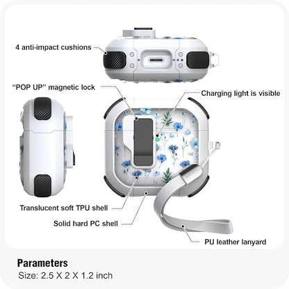 WENEW Case for AirPods 4th Case Cover Secure Lock Automatic Snap Switch Clip Cleaner Kit Lanyard Women Stylish Flower Armour Hard Shell Full Body Front LED Visible (Blue Flower, AirPods 4th)