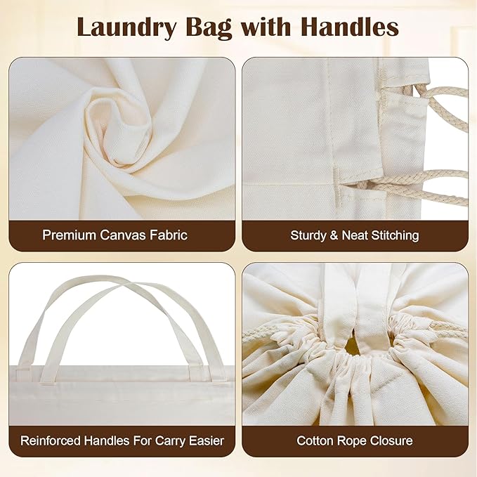 Canvas Laundry Bags with Handles & Rectangular Base, 90L Extra Large Heavy Duty Laundry Basket Hamper Liner Replacement, Washable Cotton Drawstring Dirty Clothes Bag