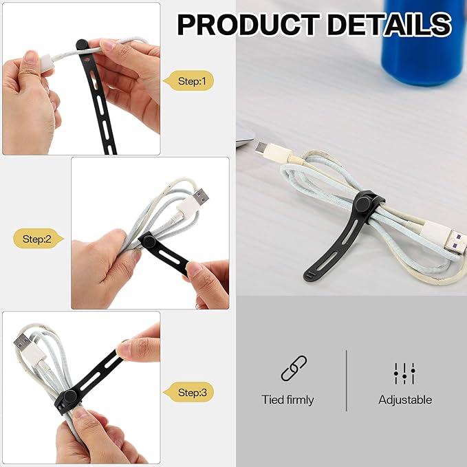 42 Pcs Silicone Cable Ties Reusable Cord Straps Multipurpose Elastic Cable Organizer for Bundling Fastening Earphone Phone Charger Home Office School (Black)