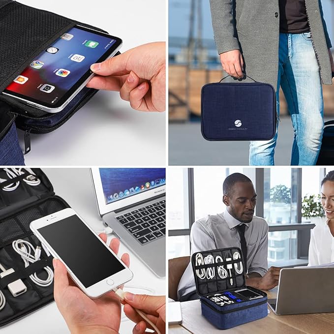 ORIENT FAMULAY Travel Electronics Organizer, Waterproof Cable Organizer Bag for Electronic Accessories Double Layer Large Shockproof Cable Storage Bag for Cord, Power Bank, Tablet(Up to iPad 11 inch) - Royal Blue