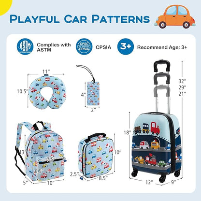 BABY JOY Kids Luggage, 5 Pieces Luggage Set w/ 16" Carry-on Hardshell Spinner Toddler Suitcase, 13" Backpack, Neck Pillow & Insulated Lunch Bag, Travel Kids Rolling Suitcase for Girls Boys (Blue Car)