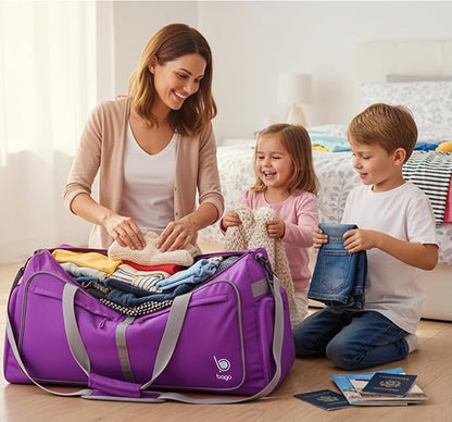 Bago Large Foldable Duffel Bags for Traveling Women & Men - 100L Packable Duffle Bag for Travel with Shoe Compartment - Water Repellant, Heavy Duty, Lightweight Folding & Collapsible (Purple)