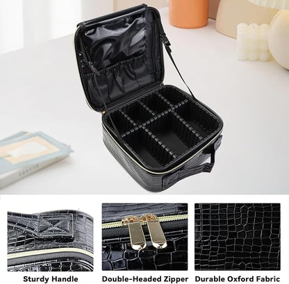 Travel Makeup Bag Makeup Cosmetic Train Case Organizer Portable Storage Bag with Adjustable Dividers for Cosmetics Makeup Brushes Toiletry Jewelry Black Crocodile Pattern