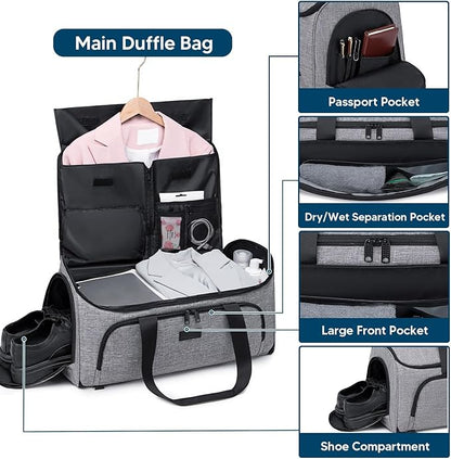 Garment Bags for Travel,Convertible Garment Bag with Shoulder Strap, 4 in 1 Suit Bag Travel with Shoes Foldable 58L Garment Bags for Men Women Garment Duffel Bags for Hanging Clothes,Grey