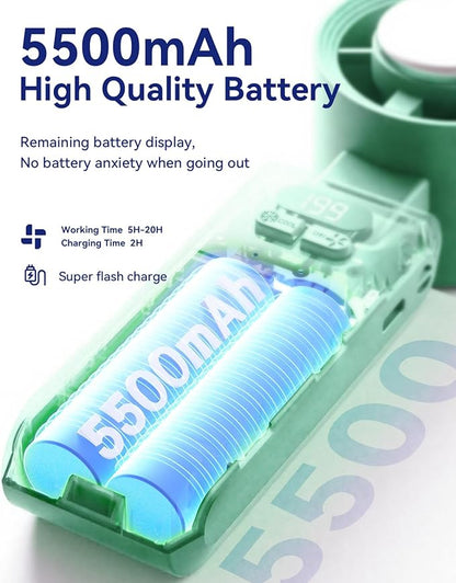 2 Pack Handheld Portable Turbo Fan with Ice Cooler, Speed (1-199) 5500mAh*2 Rechargeable Personal Fan,[20H Cooling Time] Mini Yet Powerful, Small Pocket Fans for Travel/Outdoor/Office, Light Green