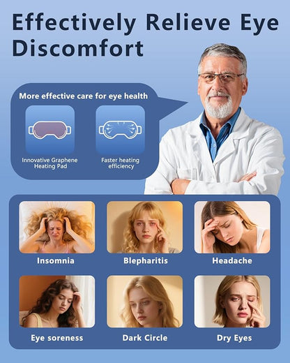 Heated Eye Mask for Dry Eyes & Stye Relief, 100% Mulberry Silk Sleep Mask with 3 Heat Levels & Auto-Off, Rechargeable & Washable Warm Eye Compress, Graphene Wireless Heating Pad for Travel & Gifts