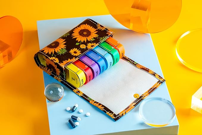 Pill Organizer,LIZIMANDU Weekly Travel Pill Case Box Medication Reminder Daily AM PM, Day Night 7 Compartments,for 4 Times A Day, 7 Days a Week-Includes Leather PU Carrying Case (Sunflower)