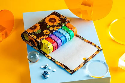 Pill Organizer,LIZIMANDU Weekly Travel Pill Case Box Medication Reminder Daily AM PM, Day Night 7 Compartments,for 4 Times A Day, 7 Days a Week-Includes Leather PU Carrying Case (Sunflower)