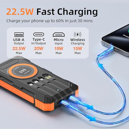 Solar Charger Power Bank 49800mAh Wireless Portable Phone Charger, 22.5W QC3.0 Fast Charging Built in 4 Cables with USB C 6 Outputs & 2 Inputs for All Cell Phone
