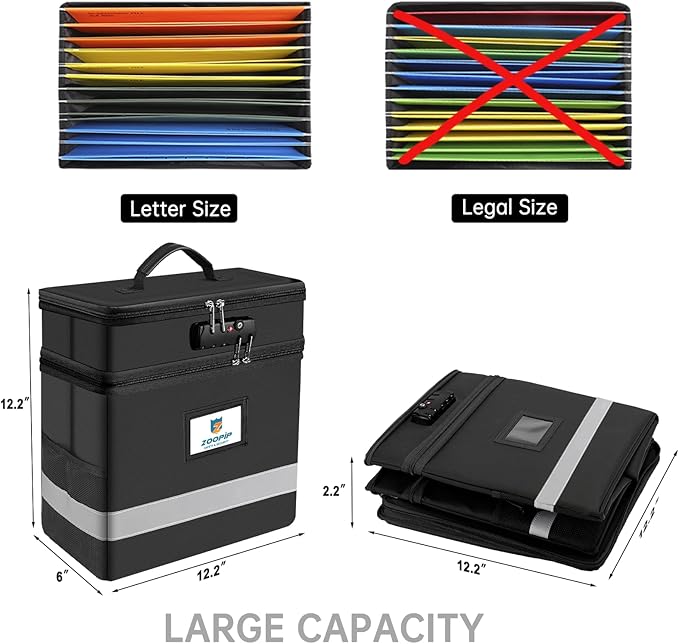 Fireproof File Box with Lock, 2 Layer Document Box Storage Organizer, Suitable for Hanging File Folders in Letter Size, Collapsible File Box, Reflective Strip for Fast Find (12.2*6*12.2, Black)