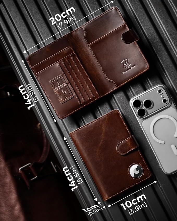 LORZOR Passport Holder for Travel: Full Grain Leather Passport Cover with Airtag Holder Magnetic Buckle for Men - RFID Blocking Bifold Wallet for Air Ticket Card Cash Coin (Brown)