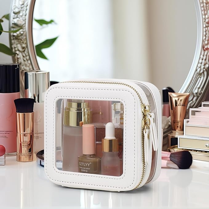 Pinkmik Travel Makeup Bag Set Portable Clear Cosmetic & Toiletry Case Women's Purse Organizer and Car Essentials with Zipper (White, M+MINI-2)