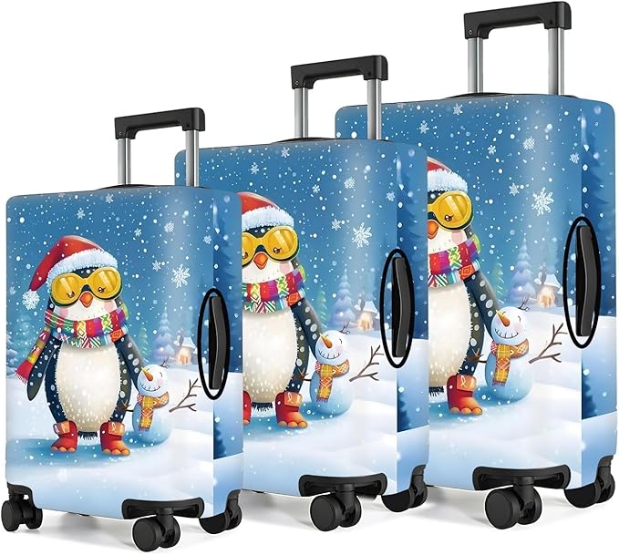Christmas Penguin Luggage Cover – Cute Winter Penguin Suitcase Protector, Holiday Travel Luggage Sleeve, Stretchable & Waterproof,S