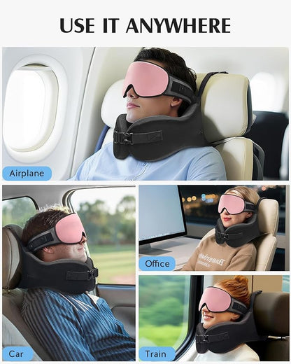 YFONG Travel Pillow for Long Flight Airplanes, Head Strap Combo with 3D Contoured Eye Mask for Sleep, Neck Pillow for Car Trip Essential, 360° Support Memory Foam Headrest, Prevent Head Bobbing, Pink