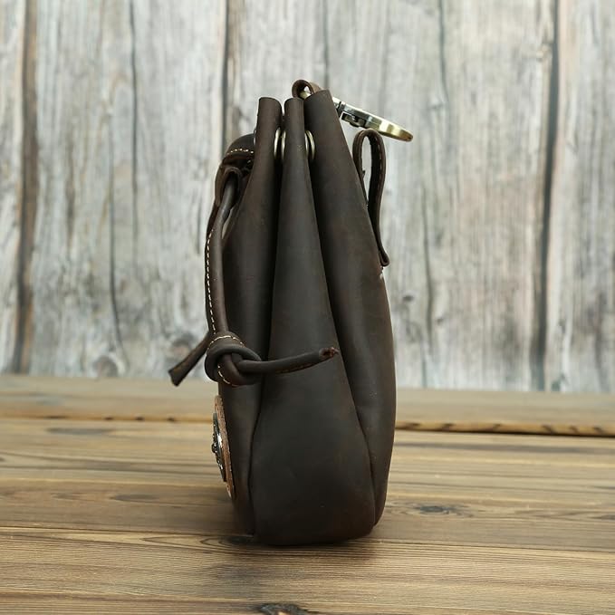 Retro Drawstring Genuine Leather Waist Bag for Men Motorcycle Sports Pack with Phone Pocket Adjustable Belt Gifts for Men (Dark Brown)