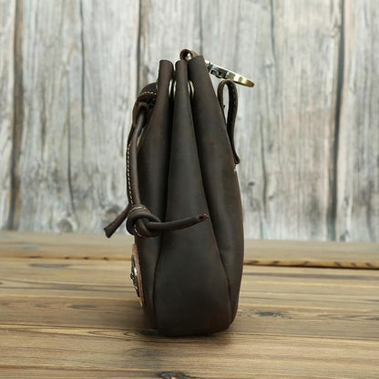 Retro Drawstring Genuine Leather Waist Bag for Men Motorcycle Sports Pack with Phone Pocket Adjustable Belt Gifts for Men (Dark Brown)