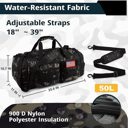 Tactical Gym Bag for Men，50L Large 3 in 1 Sports Duffle Bag with Shoes Compartment for Travel,Water Resistant Travel Backpack Weekender Overnight Bag with Wet Pocket for Women