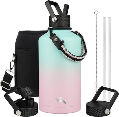Insulated Water Bottle with Straw,87 oz 3 Lids Water Jug with Carrying Bag,Paracord Handle,Double Wall Vacuum Stainless Steel Metal Flask,Gum