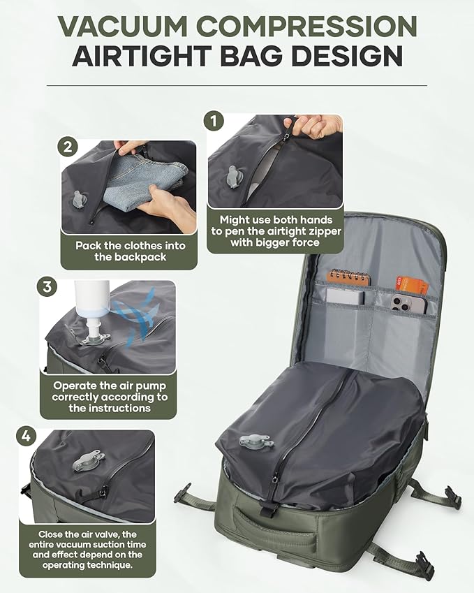 Vacuum Backpack Travel with Pump,Vacuum Seal Bags for Clothing, Shoe Compartment,United Airlines Personal Item Bag 17x10x9,Mochila compresion al vacio,Brown Green