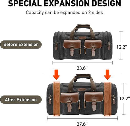 Wildroad 60L Travel Duffel Bag, Expandable Waxed Canvas Genuine Leather Duffle Bag Upgraded Overnight Weekender Bag Carry on Bag (Vintage Black, X Large-60L)