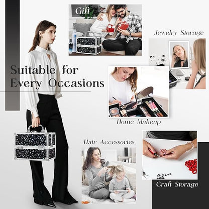 FRENESSA Makeup Train Case 8.85 Inch Portable Makeup Case Organizer Cosmetic Box Make Up Box Makeup Organizer Cosmetic Storage Cases with Locking Nail Kit Organizer Small Travel Case Shiny Star