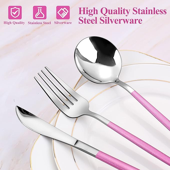 Mirror Silver Rosy Silverware Set, 20-Piece Stainless Steel Flatware Set, Satin Finish tableware Cutlery Set, Service for 4, Home and Restaurant, Dishwasher Safe