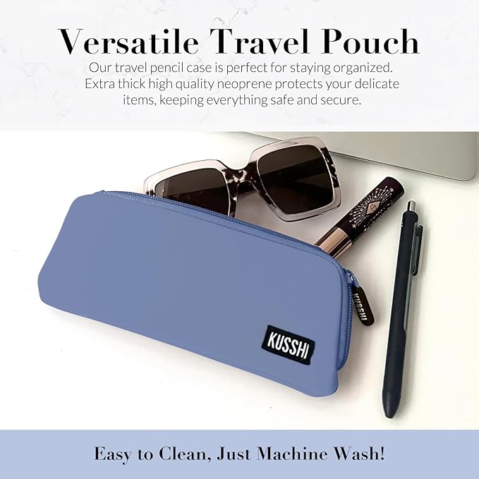 KUSSHI Neoprene Zipper Makeup Brush Pouch and Travel Pencil Case for Beauty Tools, Pencils, Brushes & Small Accessories - Makeup Brush Bag Pouch for Organization and Travel Items (Pearl Blue)