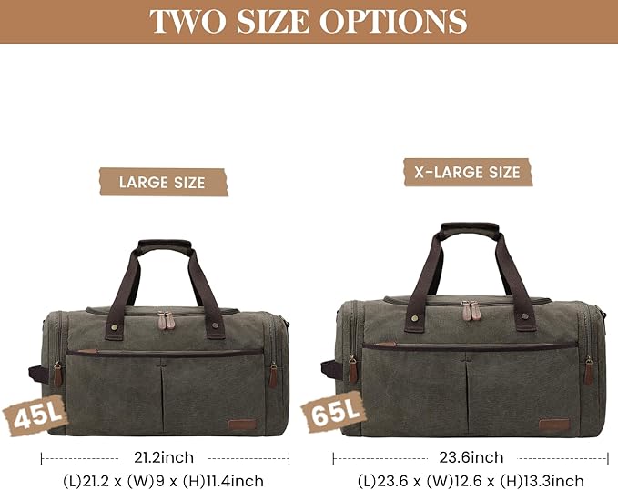 S-ZONE Canvas Duffel Bag for Travel 45L Weekender Overnight Bags with Shoes Compartment for Men